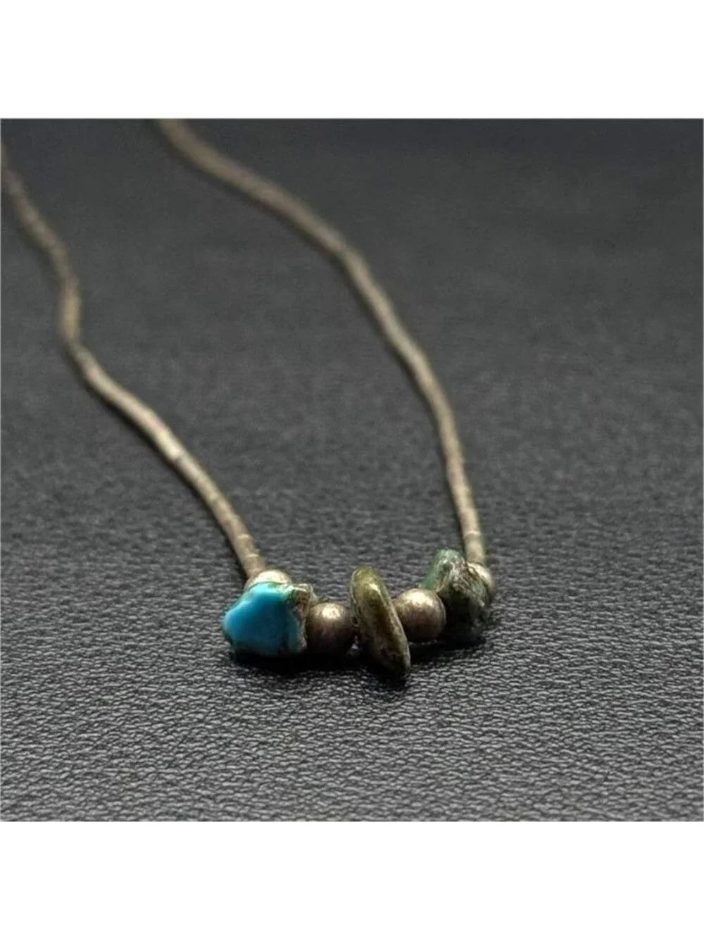 Native American Liquid Silver Heishi Necklace Turquoise & Shell Nugget Center Be - Picture 2 of 7